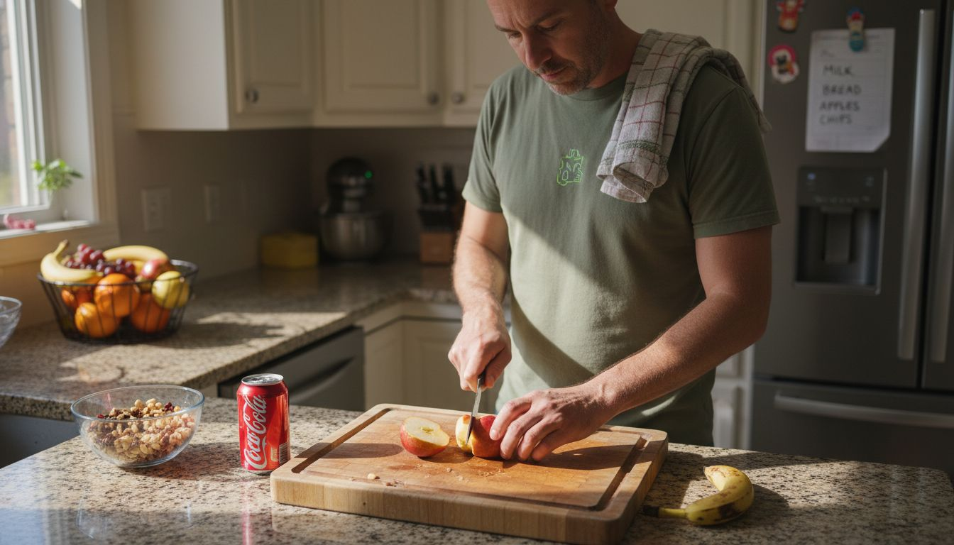 How to Reduce Sugar Naturally for Lasting Wellness 1 Man swapping sodas for fruit snacks