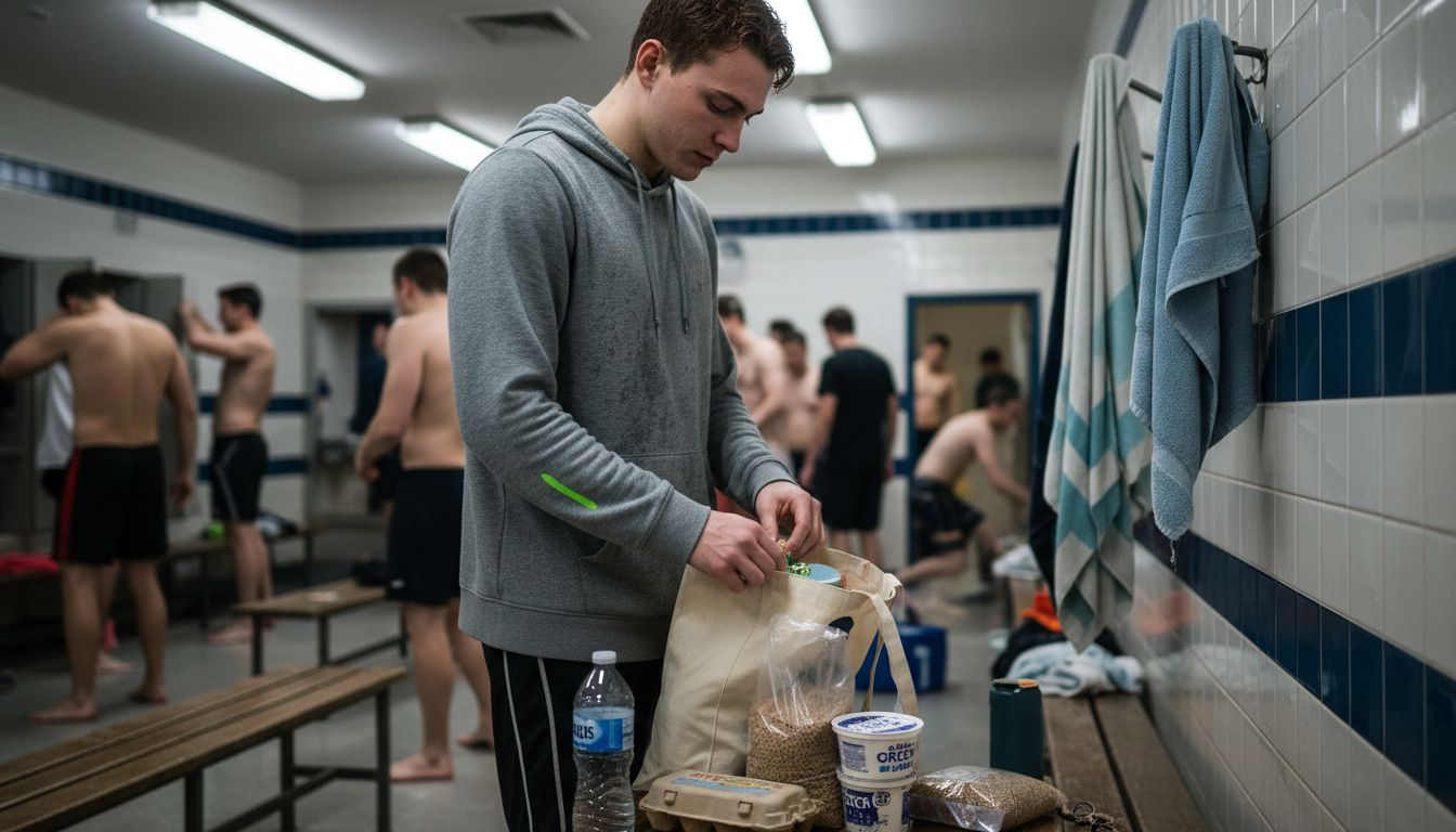 Protein Needs for Athletes: Fueling Performance 1 Groceries featuring protein sources in locker room