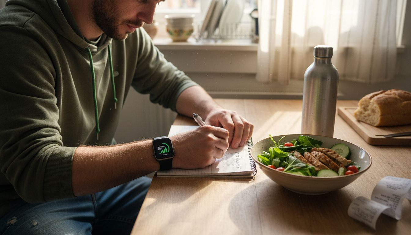 Weight Loss Plateaus: Strategies That Restart Progress 1 Man logs meal and checks fitness watch
