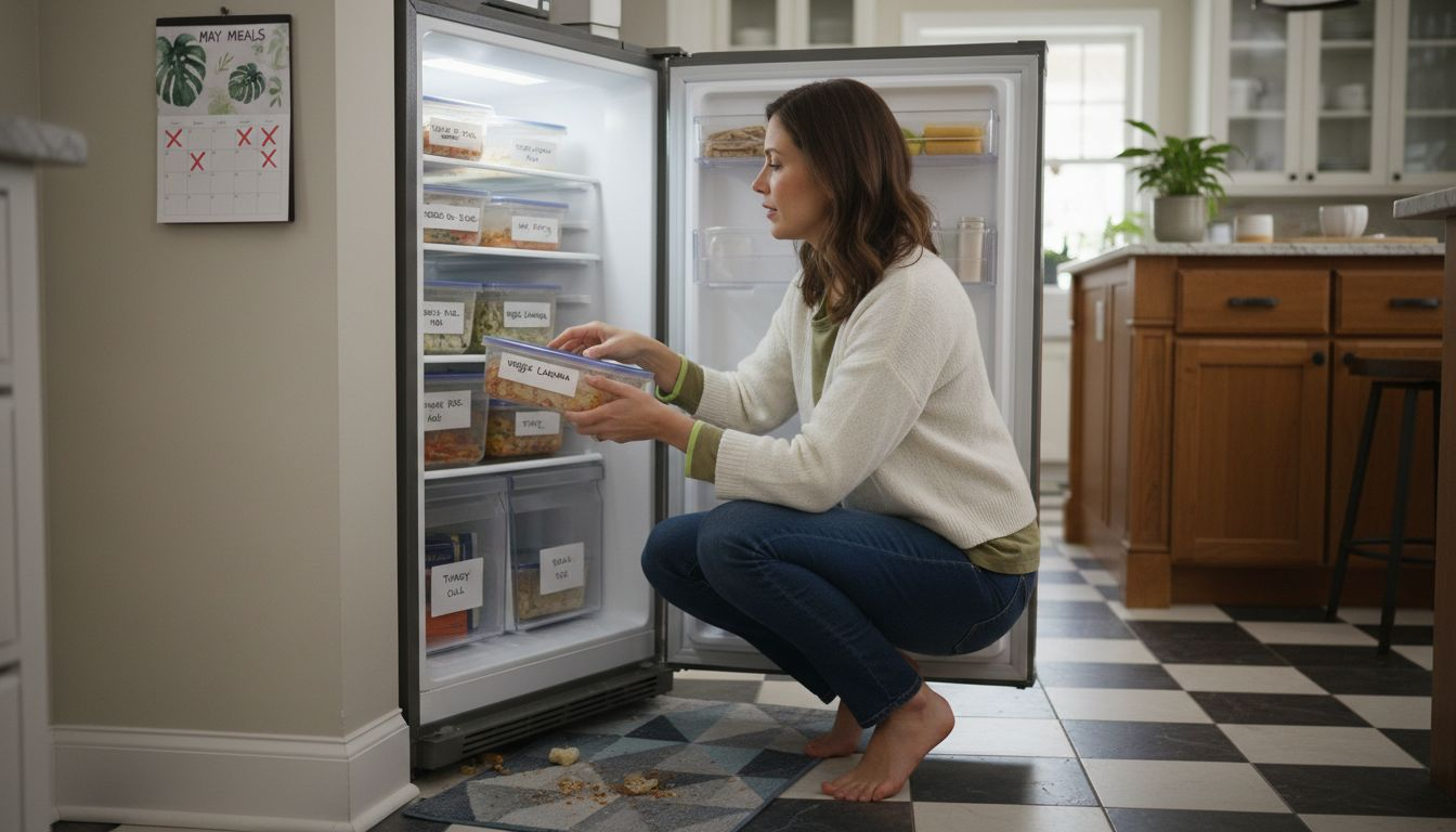 Batch Cooking Tips for Busy Parents: Simplify Meal Prep 1 Mom sorting labeled meals in home freezer