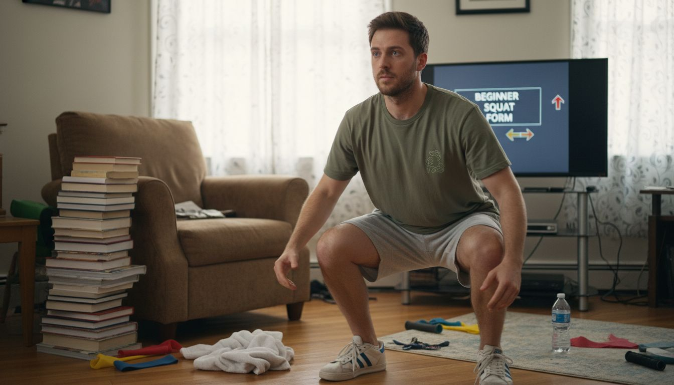Exercise for Beginners: Build Your First Workout Routine 1 Man doing squats in everyday living room