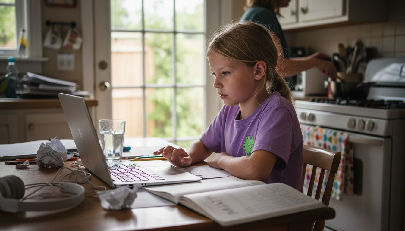 Healthy Screen Time Habits: Balancing Tech and Wellbeing 1 Child learning on laptop at messy kitchen table