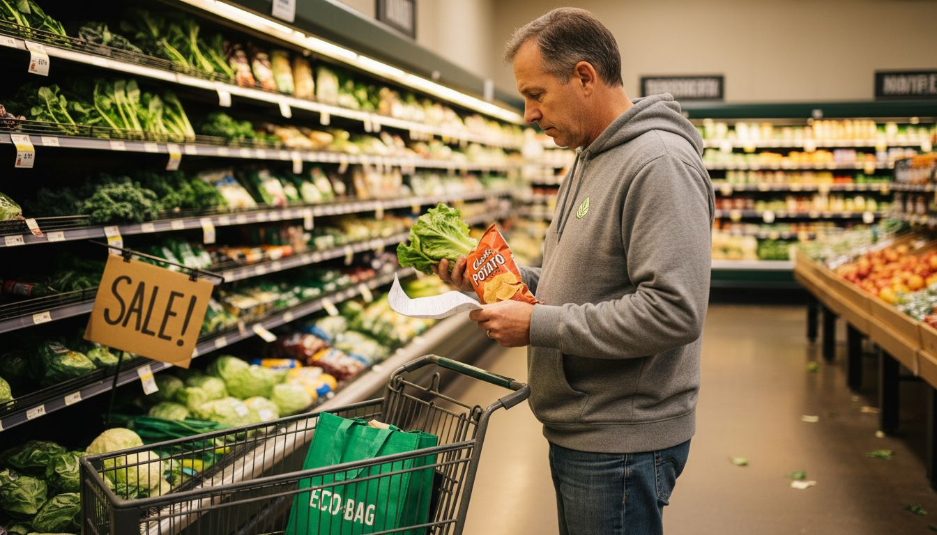 Calorie Density and Its Impact on Healthy Eating 1 Man choosing fresh produce over chips in grocery store