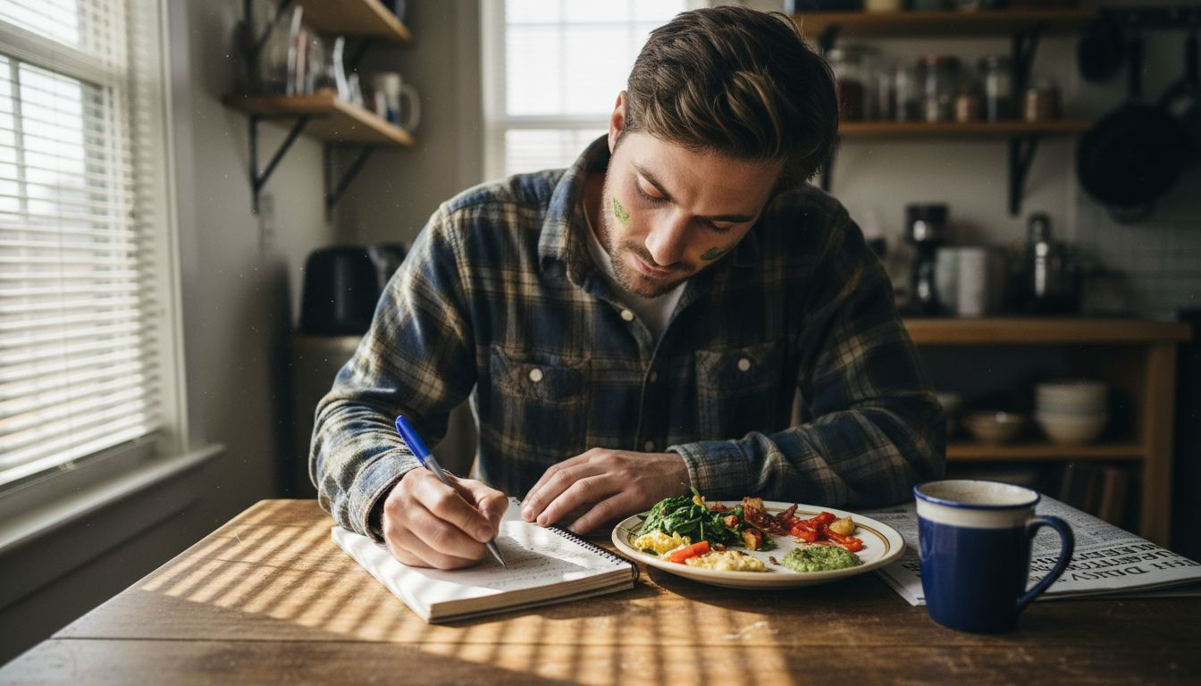 How to Start Intuitive Eating Naturally for Lasting Results 1 Man journaling eating experience at table