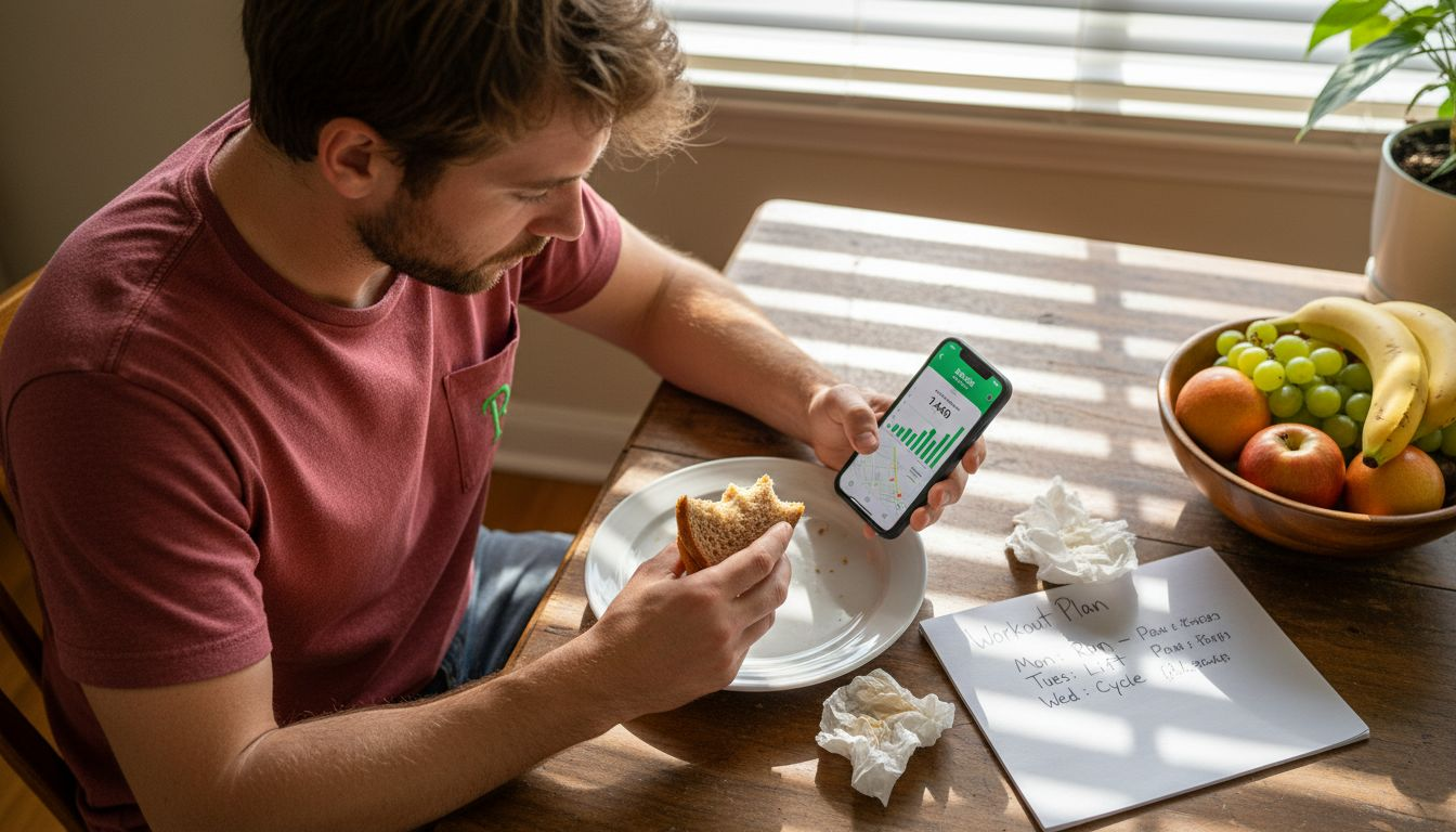 How to Prevent Weight Regain Naturally: Lasting Results Guide 1 Man checking diet tracking app while eating