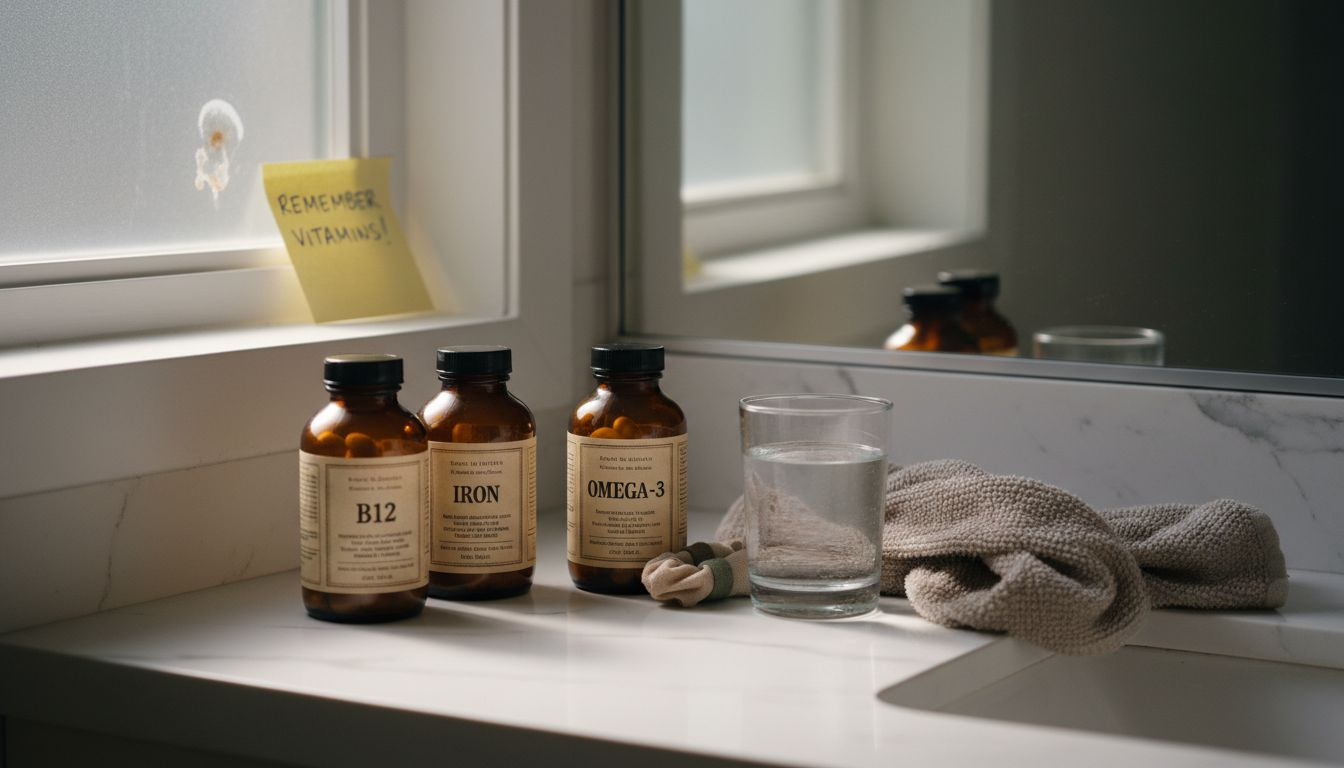 Vegan Pregnancy Nutrition: Supporting Maternal Health 2 Vegan pregnancy supplements on bathroom counter