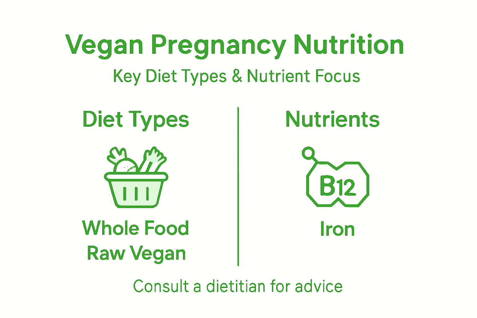 Vegan Pregnancy Nutrition: Supporting Maternal Health 1 Infographic showing vegan pregnancy diet types and nutrients