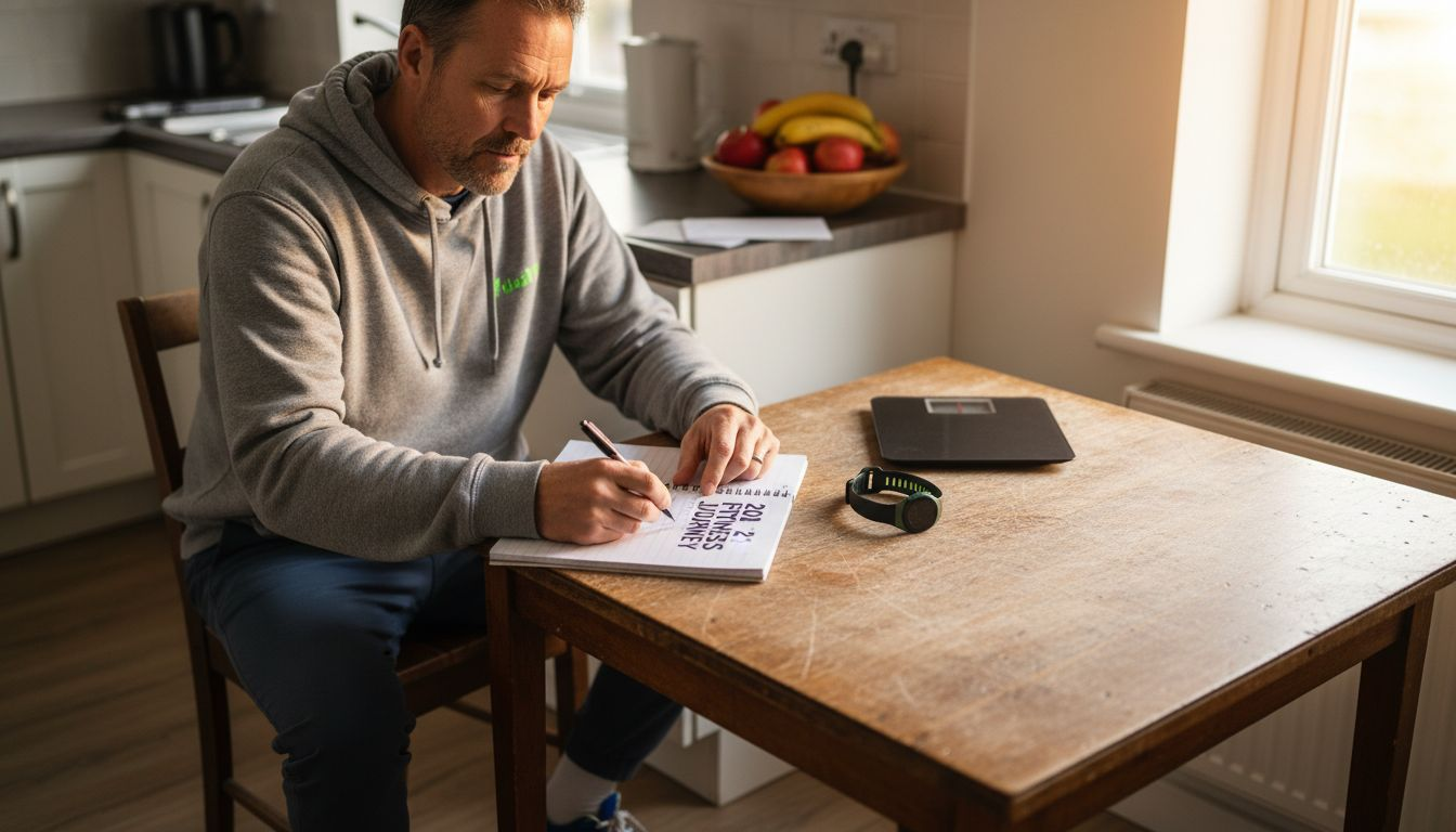 How to Track Progress for Health and Fitness Goals 1 Man writing realistic fitness goals notebook