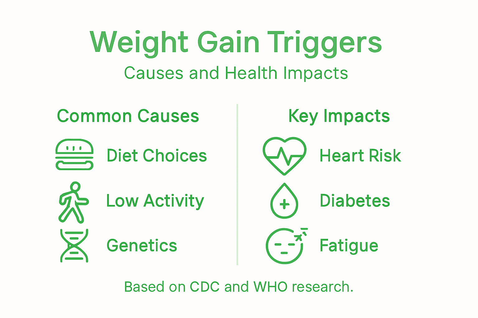 Reasons for Weight Gain – Key Triggers and Impact 2 Infographic listing causes and impacts of weight gain