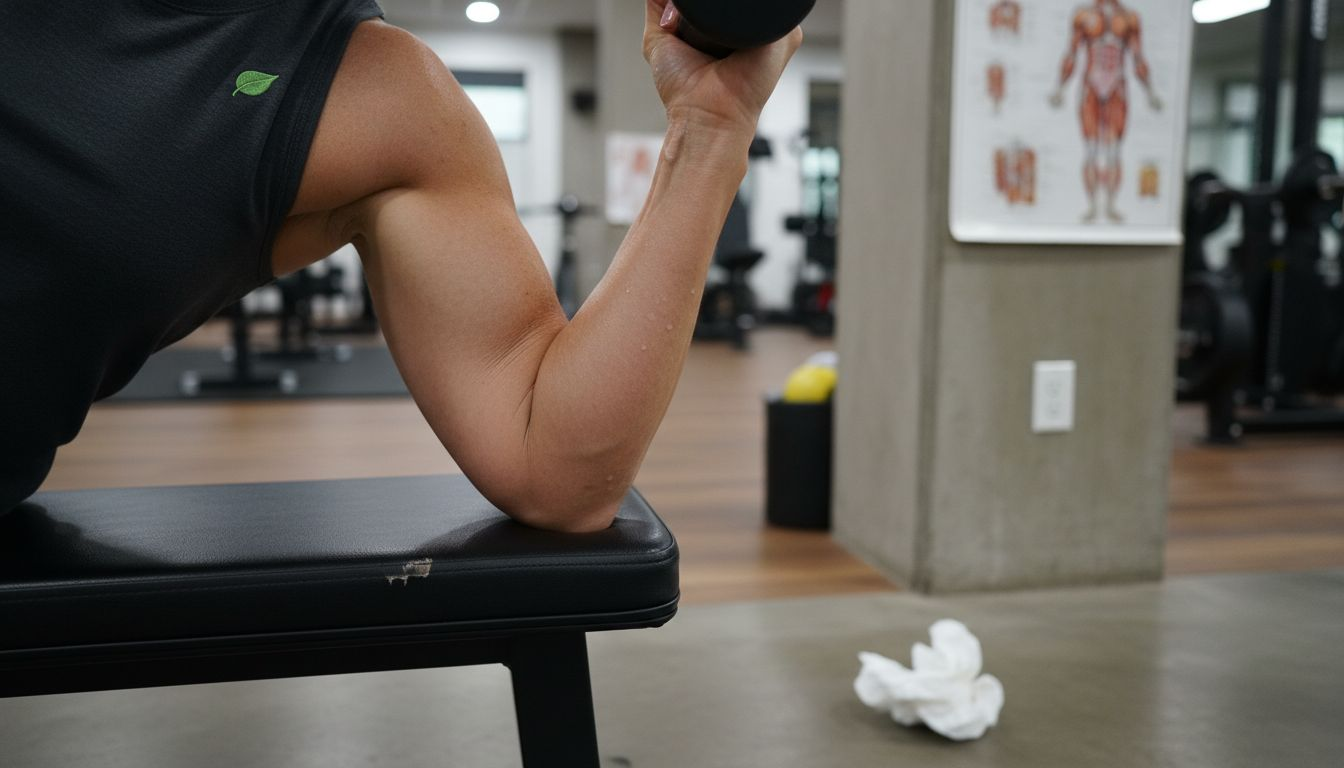 Strength Training Basics: 20% Lower Mortality Risk 1 Older woman flexing arm during gym row