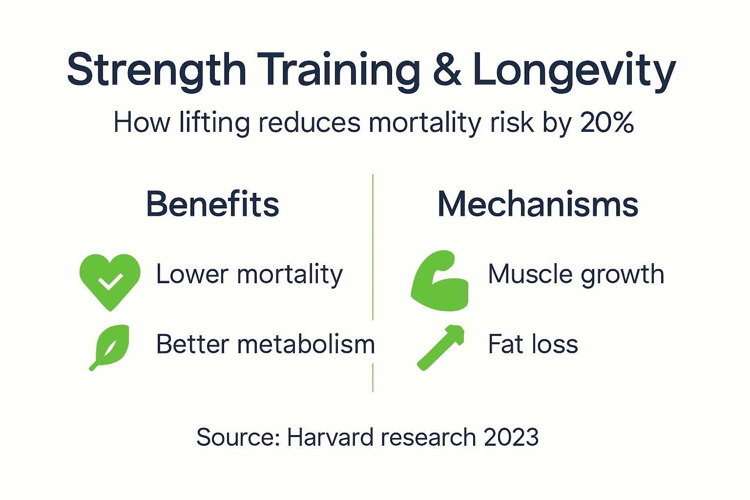 Strength Training Basics: 20% Lower Mortality Risk 2 Infographic with strength benefits and mechanisms overview