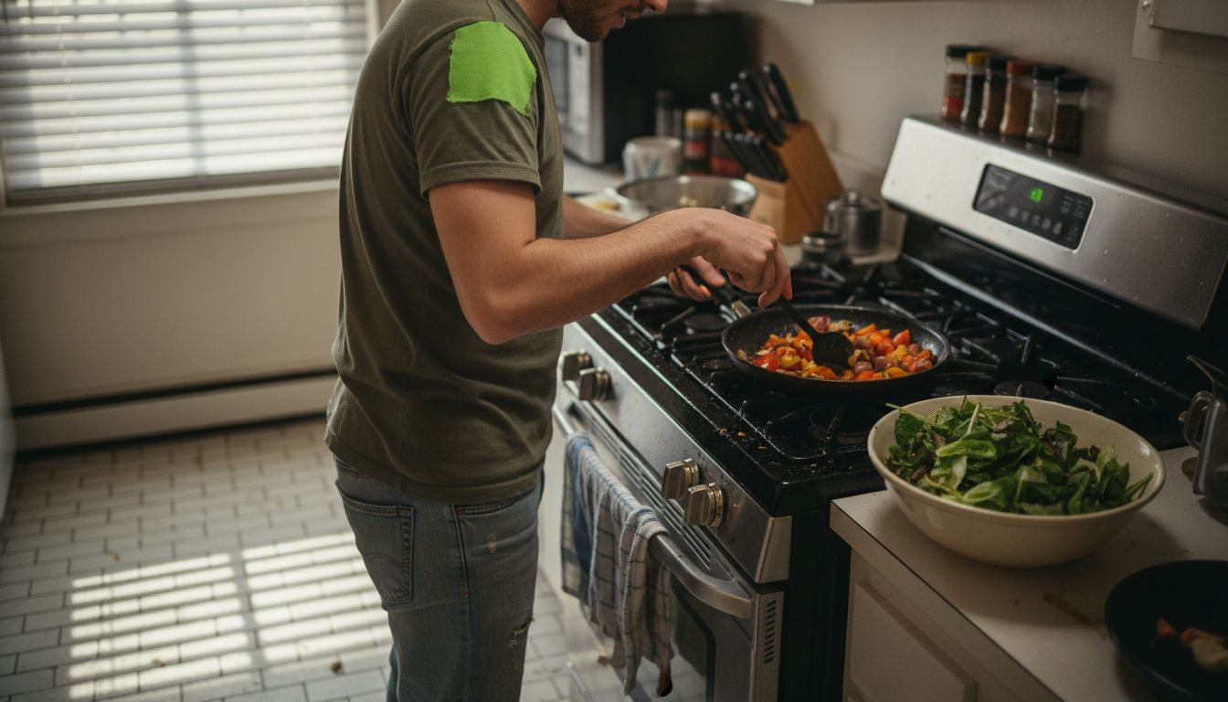 Food Literacy Boosts Fruit Intake 25% for Health 1 Man roasting vegetables in apartment kitchen