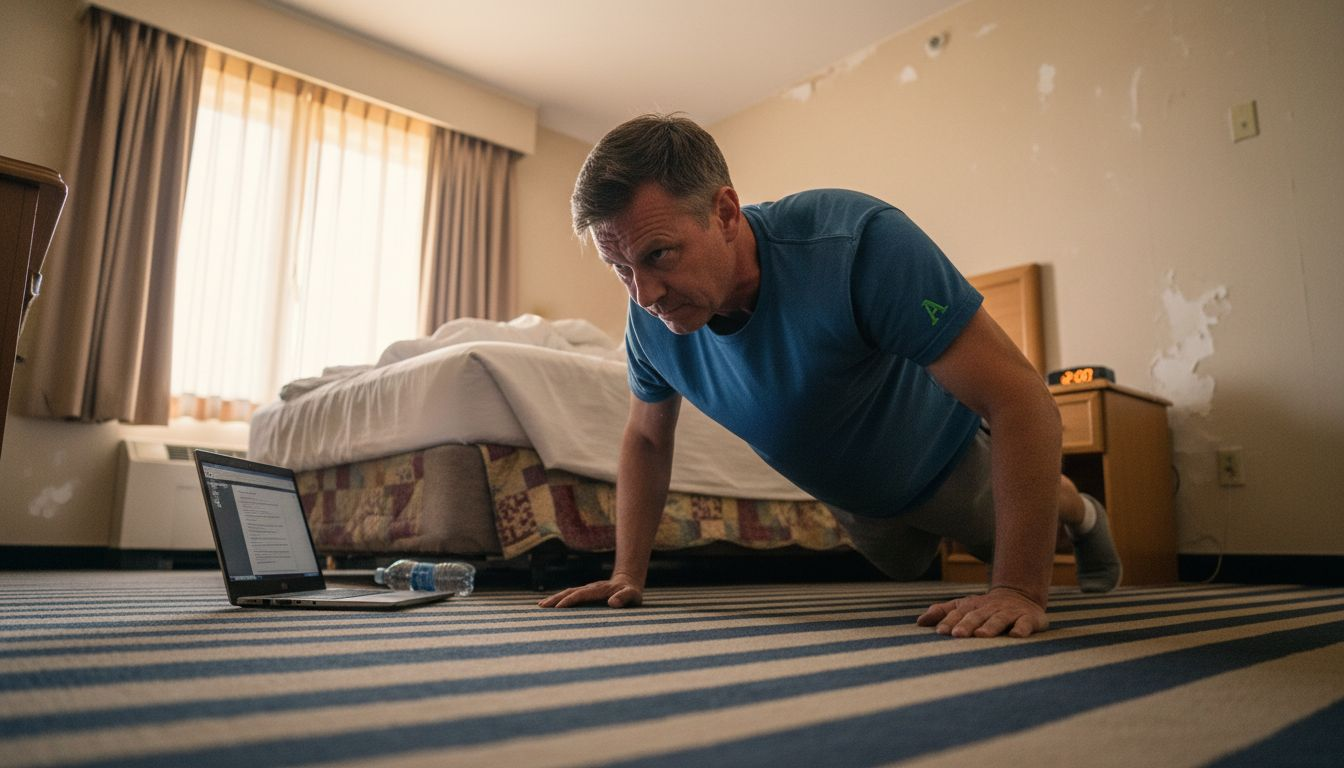 Staying healthy while traveling: nutrition and fitness tips 1 Man doing push-ups in hotel room
