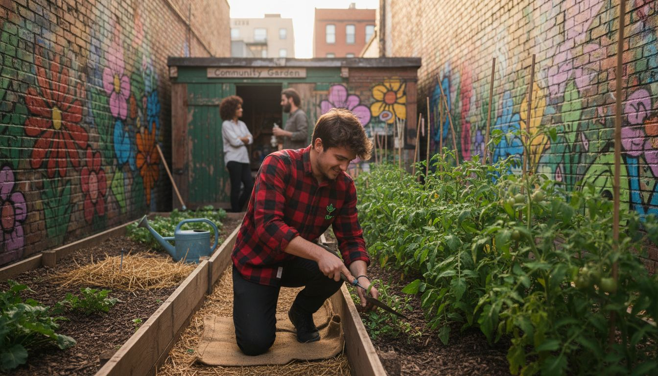 Food insecurity solutions: proven steps for access 1 Urban community garden with raised beds and gardeners