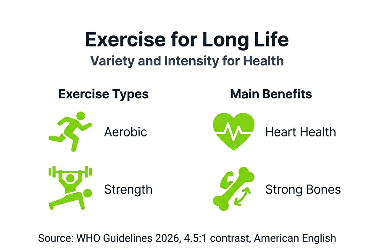 Physical activity's role in health and longevity 2026 2 Infographic with exercise types and health benefits