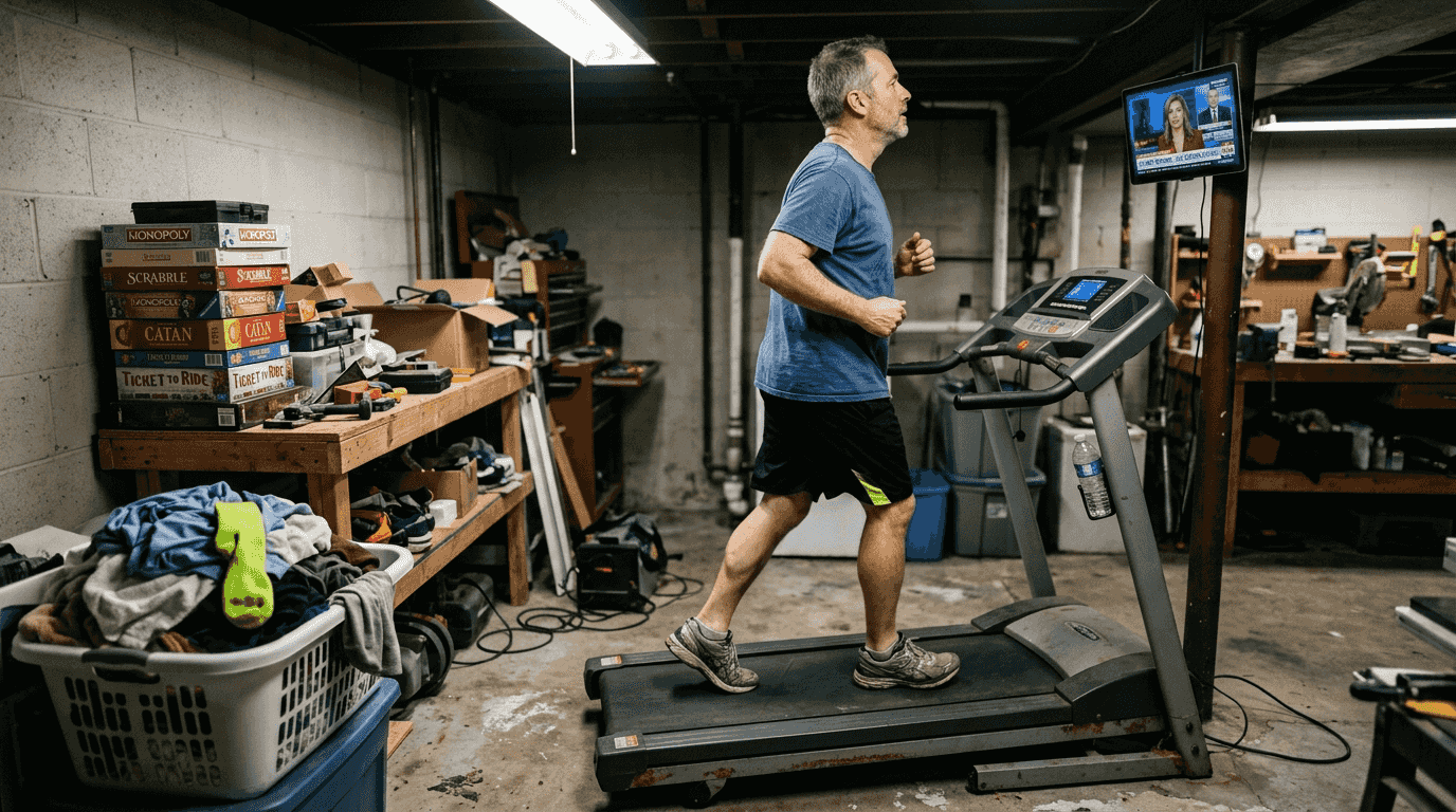 Physical activity's role in health and longevity 2026 1 Man jogging on treadmill in basement