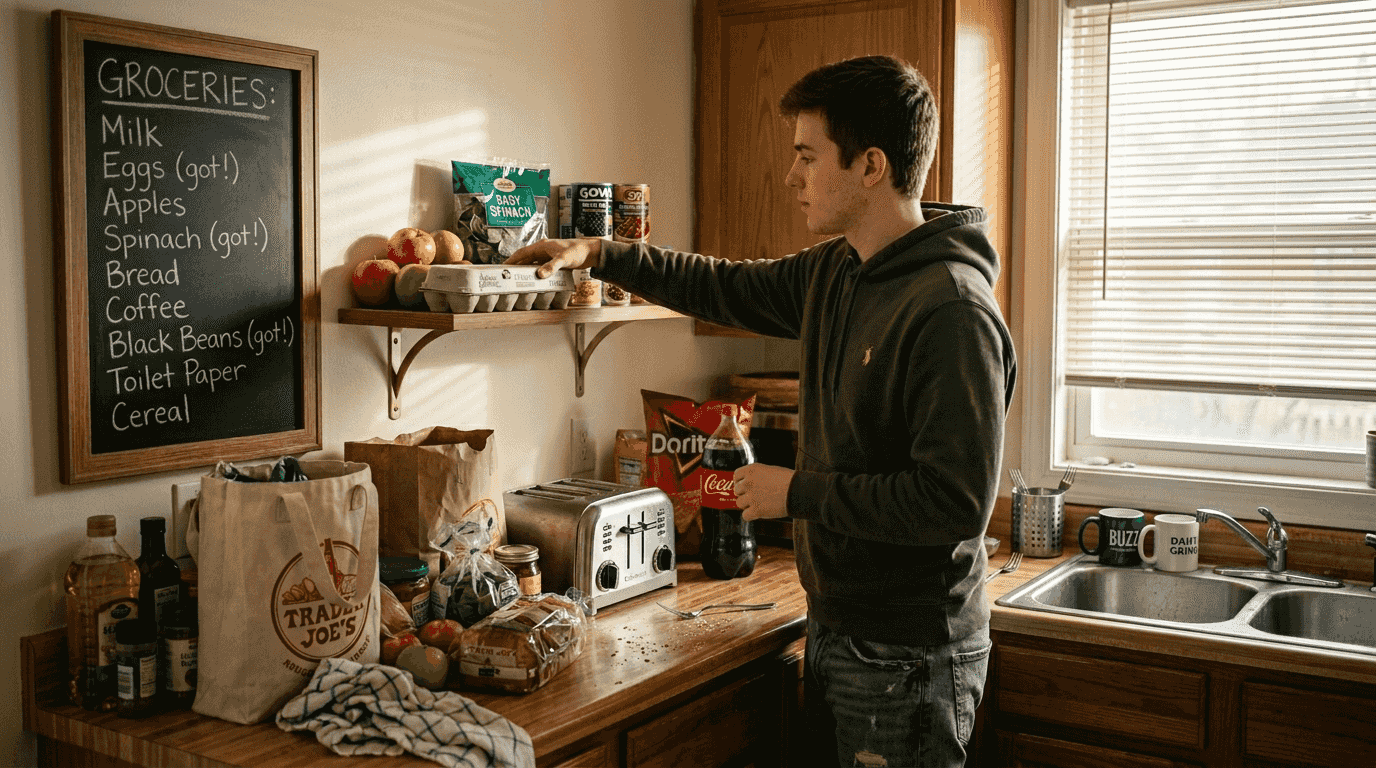 How to stay consistent with diet: lasting strategies 1 Man organizing groceries for healthy kitchen environment