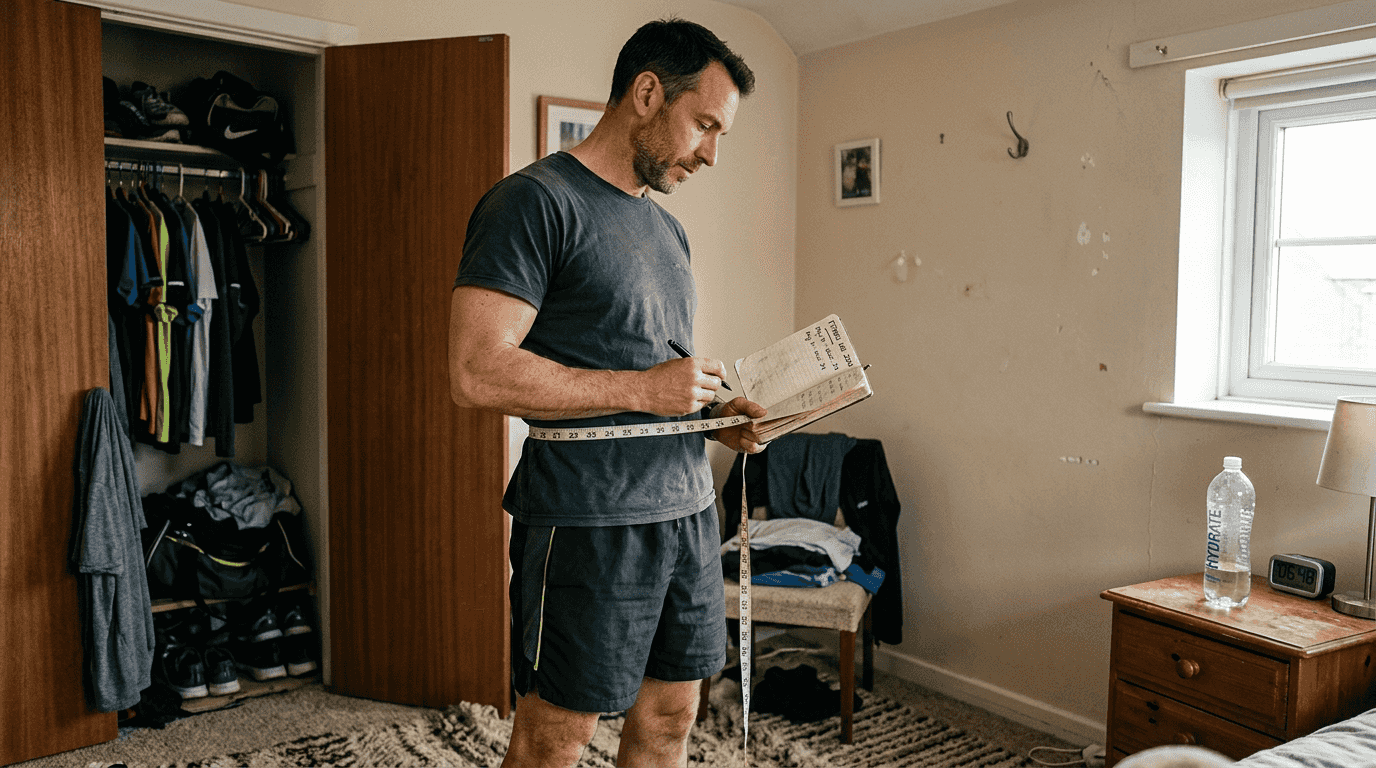 Master essential health calculators for wellness in 2026 1 Man checks waist measurement in bedroom