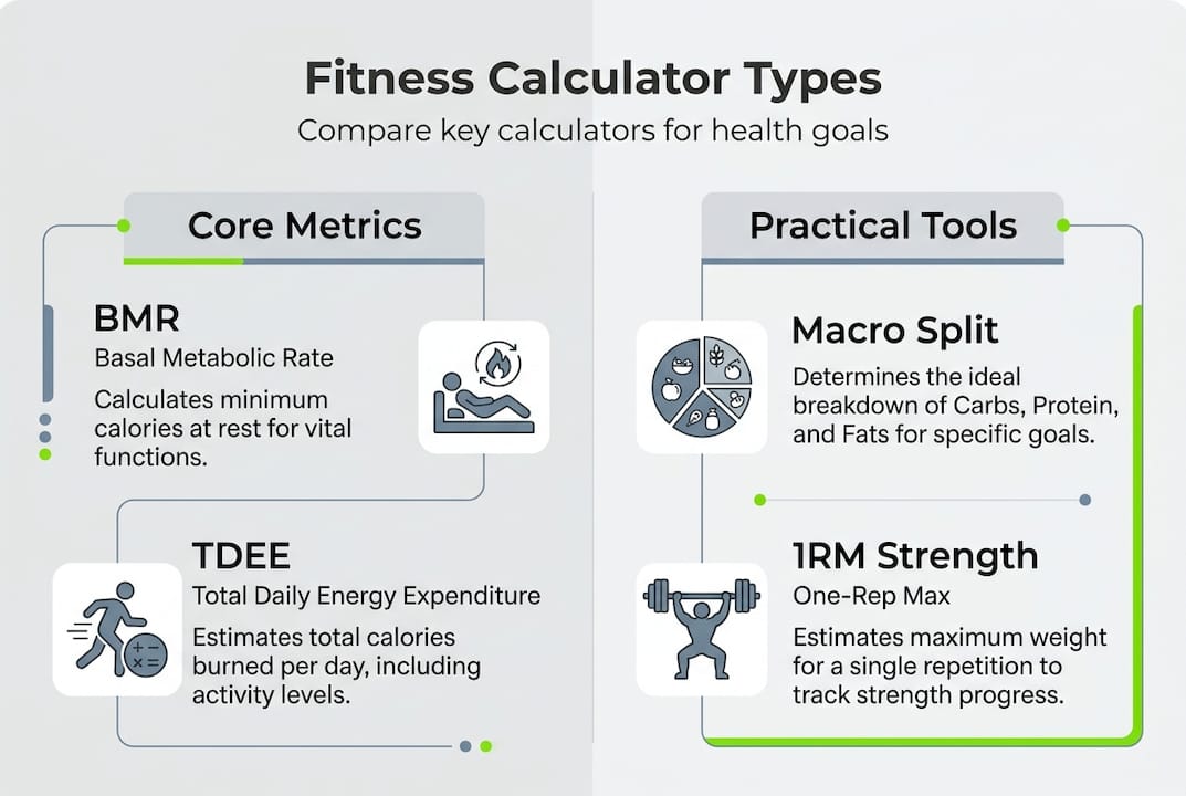 How to use fitness calculators for health in 2026 1 Infographic comparing main fitness calculator types
