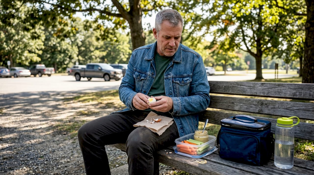 Healthy travel meal ideas: convenient, nutritious eating 1 Man eating eggs and veggies on park bench