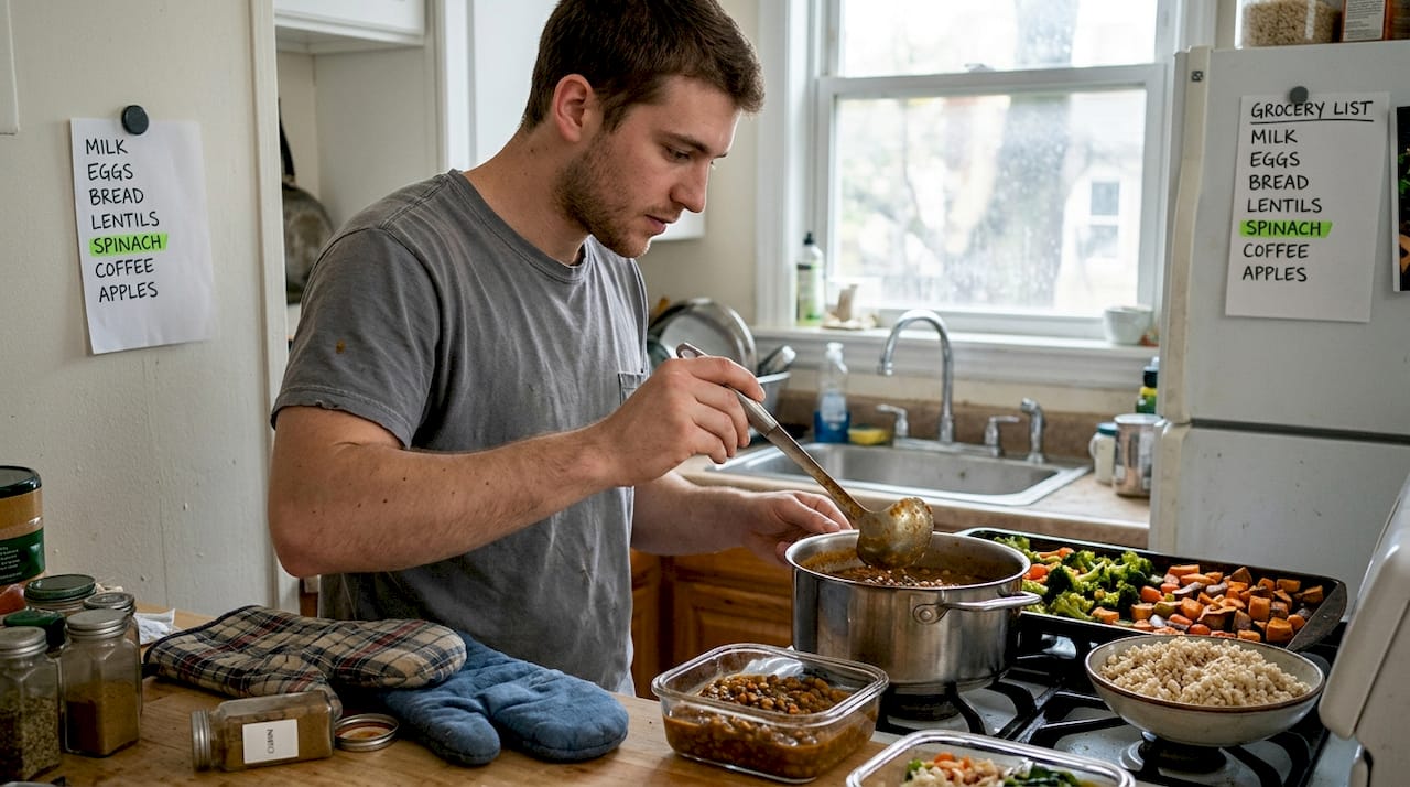 Balanced vegan meal ideas for healthy eating in 2026 1 Man meal prepping vegan dishes at home