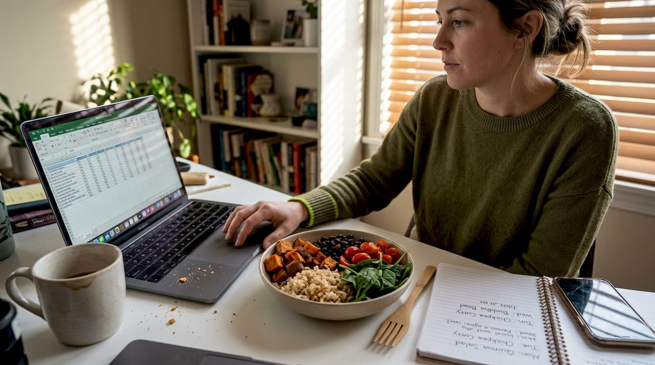 Easy plant-based lunch ideas for nutritious meals 1 Colorful Buddha bowl lunch on busy desk