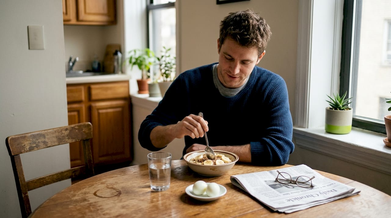 Simple eating habits for beginners to boost health 1 Man eating balanced protein fiber breakfast