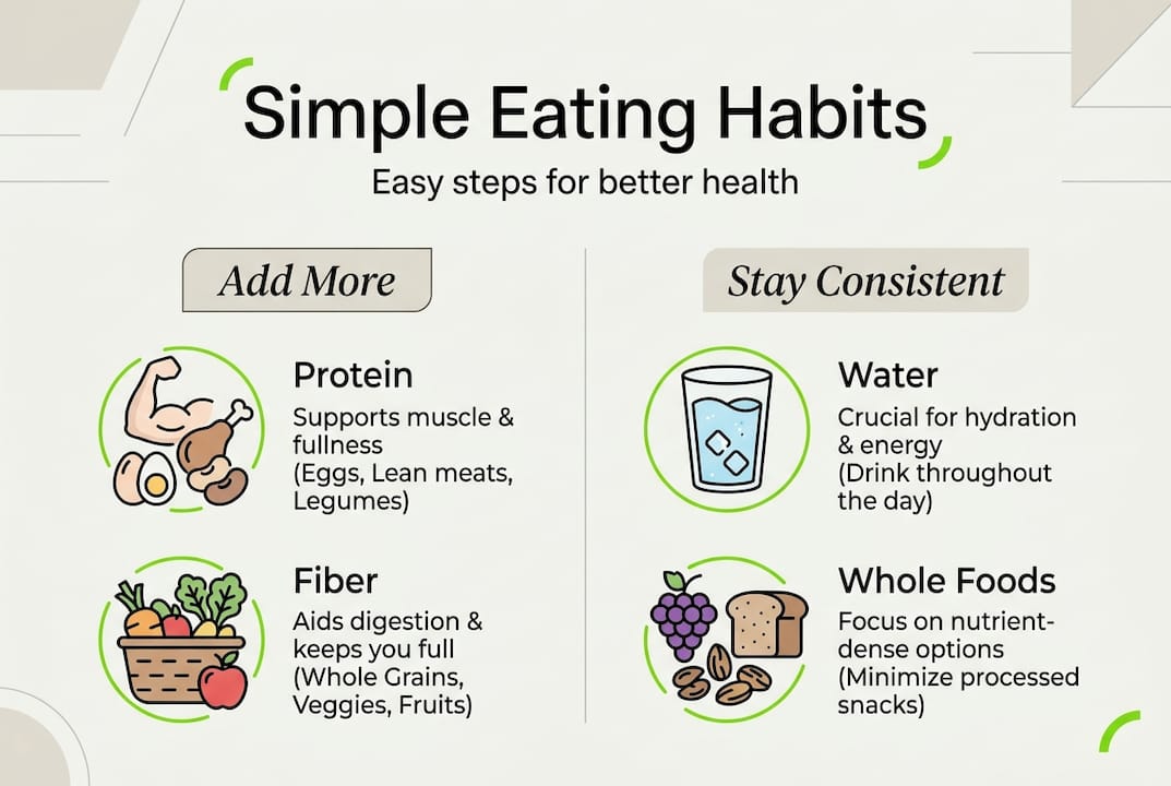 Simple eating habits for beginners to boost health 2 Infographic with step-by-step healthy eating tips