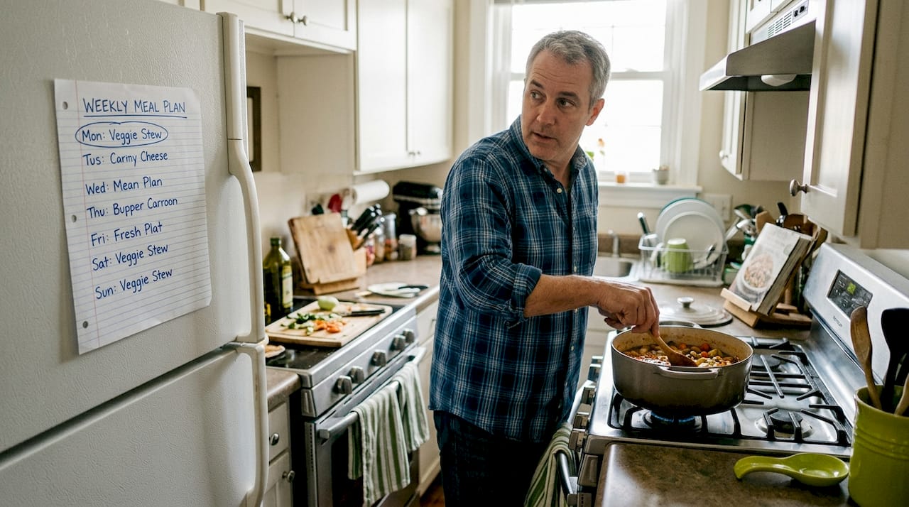 Top time-efficient healthy meals for busy lifestyles 1 Man batch cooking healthy meals at stove