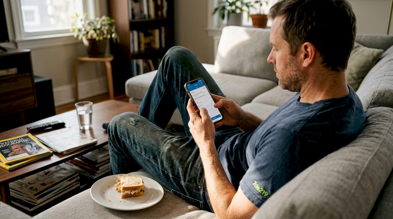 Why Track Food Intake? Science-Backed Benefits for Health 1 Man tracks meal with phone on living room couch
