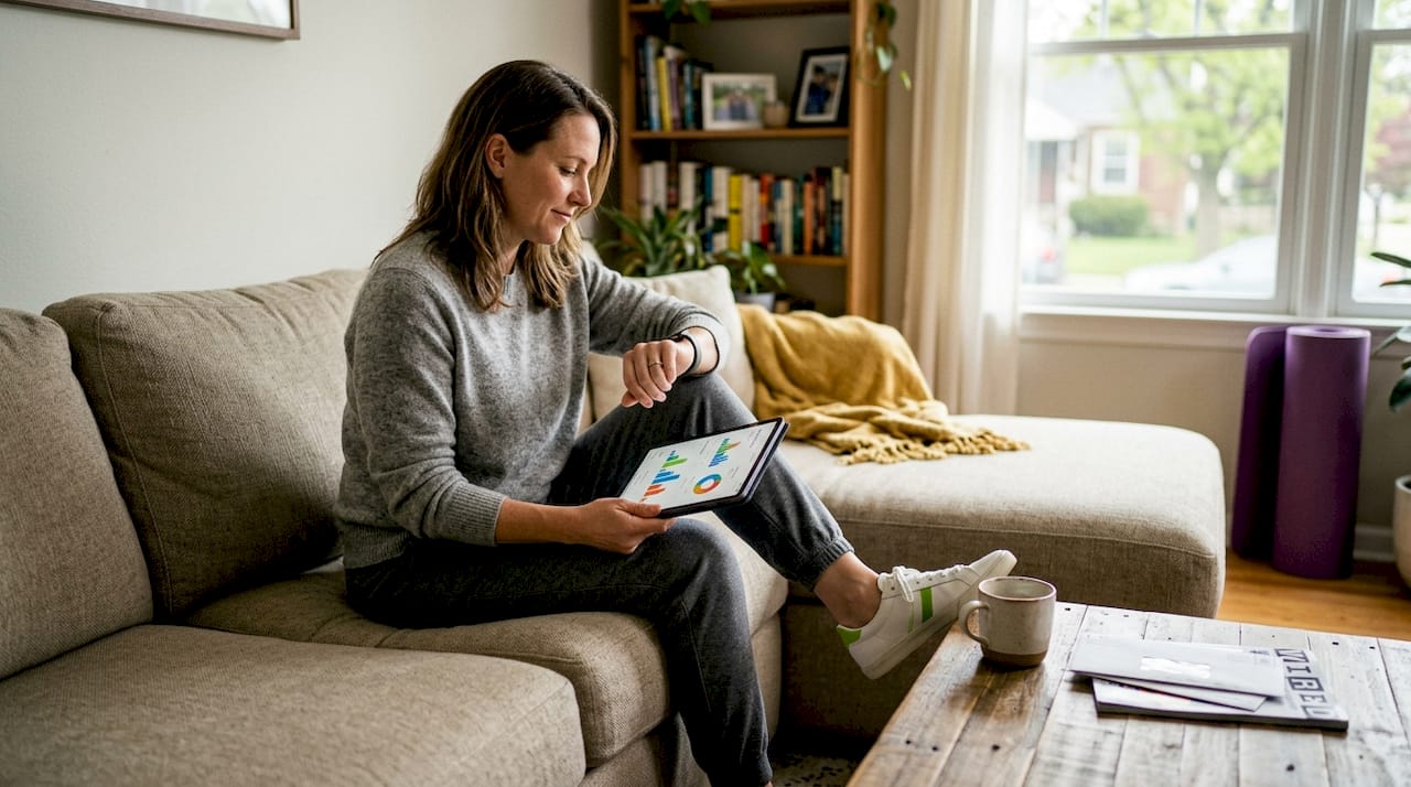 How to interpret fitness tracking data for better results 1 Woman checking fitness app on tablet at home