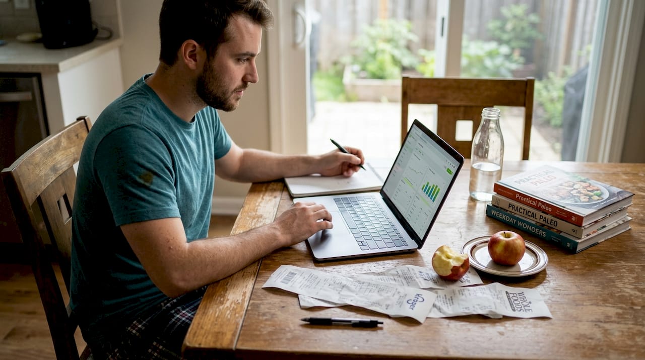 Eating for specific goals: evidence-based nutrition strategies 1 Man updating meal plan at dining table