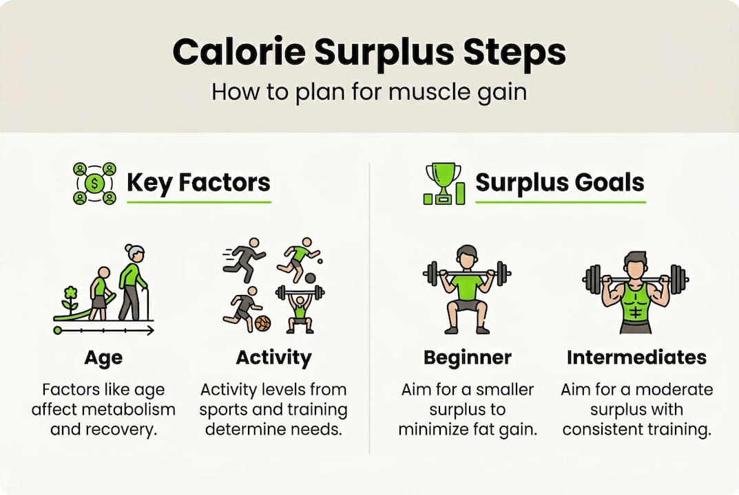 Calorie Surplus for Muscle Gain: Your Blueprint 1 Infographic summarizing calorie surplus steps