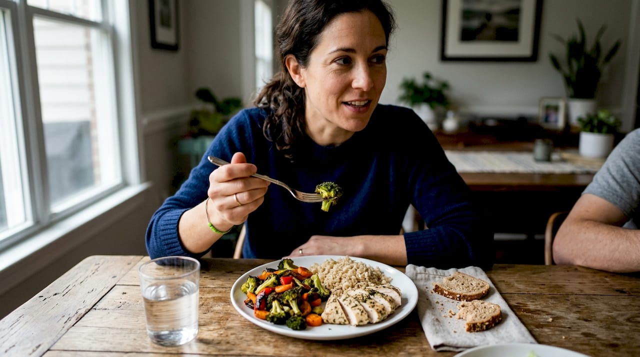 How to identify healthy recipes for easy meal planning 1 Overhead view of balanced healthy dinner plate