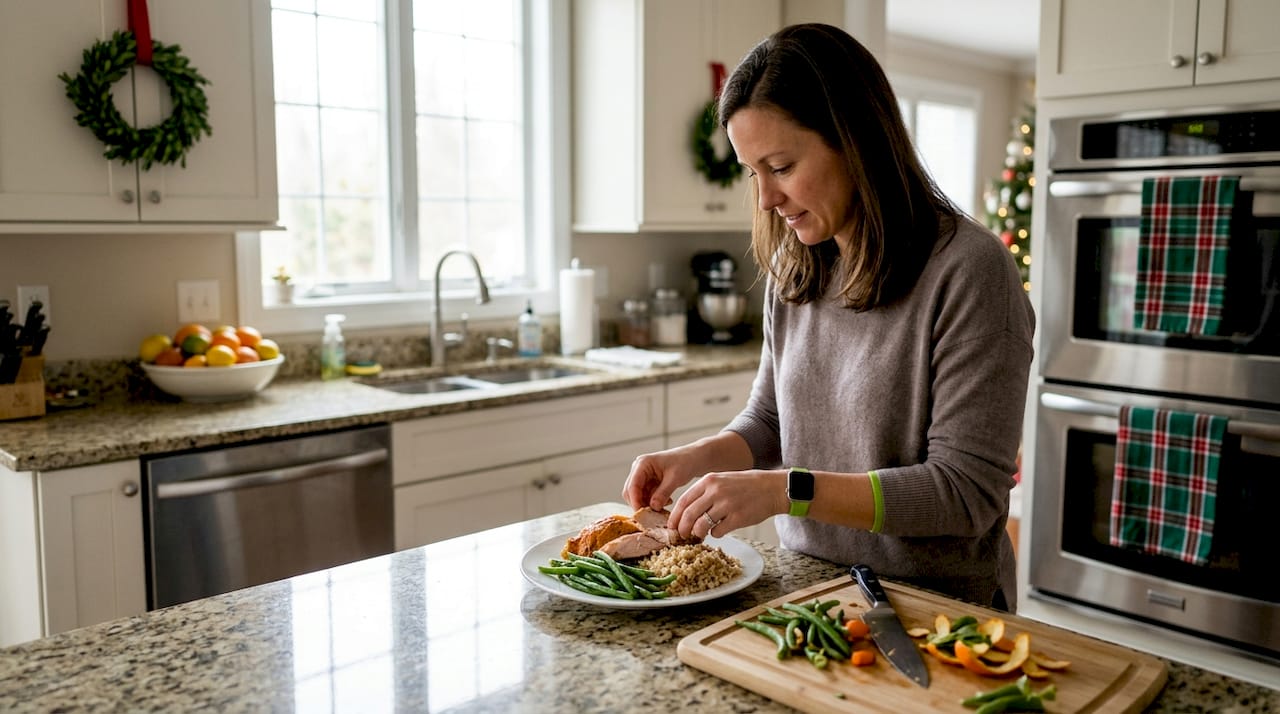 10 healthy holiday eating habits to enjoy food guilt-free 1 Arranging balanced holiday meal in kitchen