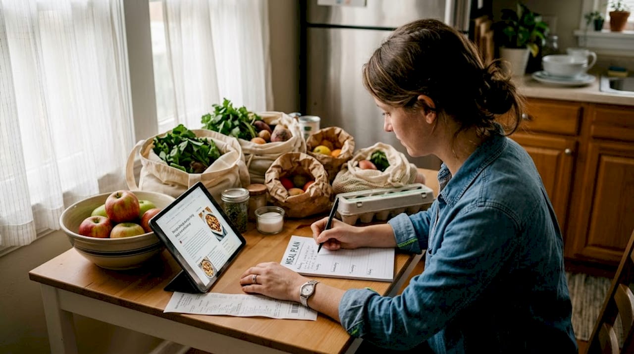 Practical sustainable diet tips for better health and planet 1 Woman creating meal plan at kitchen table