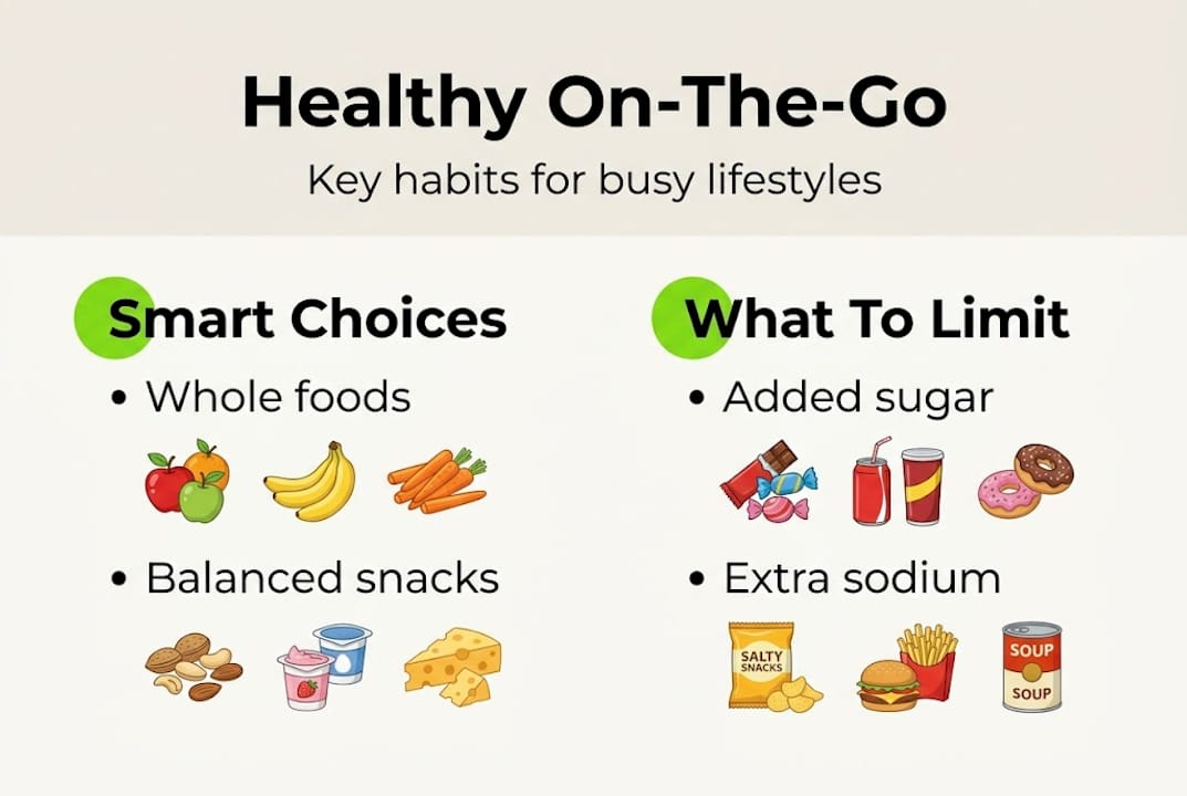 Healthy eating on-the-go: smart strategies for busy lives 1 Infographic showing smart on-the-go eating choices