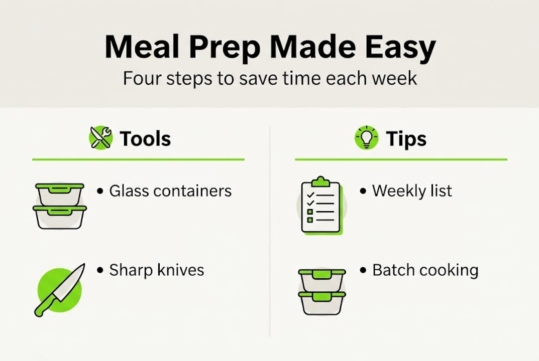 Meal prep tips for busy people: save time & eat well 2 Infographic meal prep essentials steps and tools