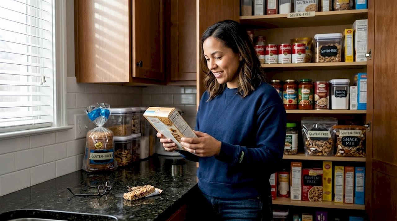 Gluten-free diet essentials: your guide to safe eating 1 Man reading gluten ingredient label in pantry