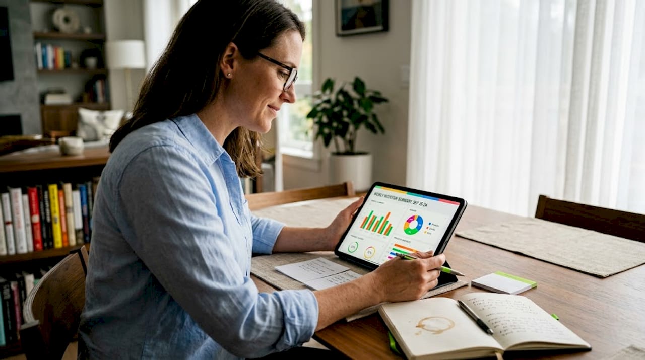 Precise nutrition with dynamic calorie calculation tools 2 Man reviewing nutrition app summary at table