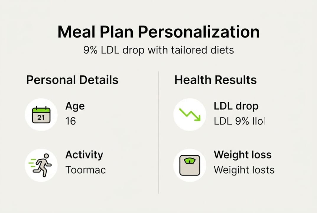 Meal plan personalization: 9% LDL drop with tailored diets 2 Infographic showing meal plan variables and outcomes