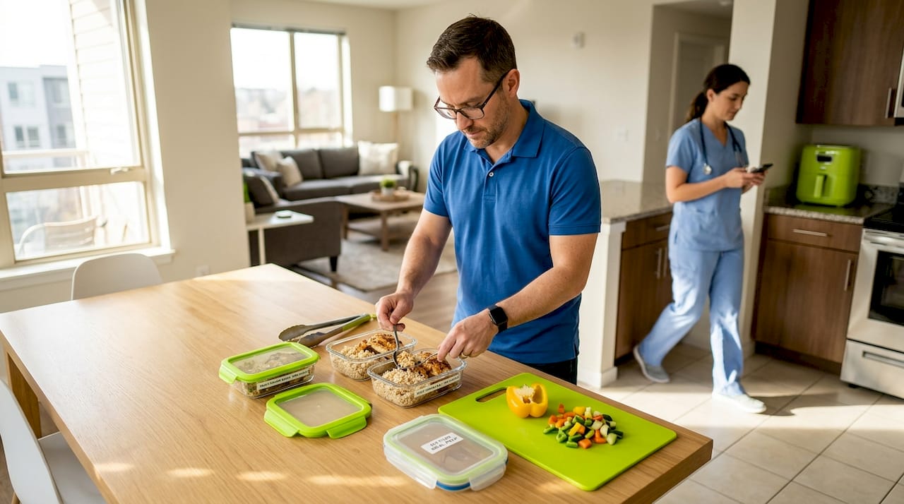 Personalize your diet for real, goal-driven results 2 Man batch-prepping meals in containers on table