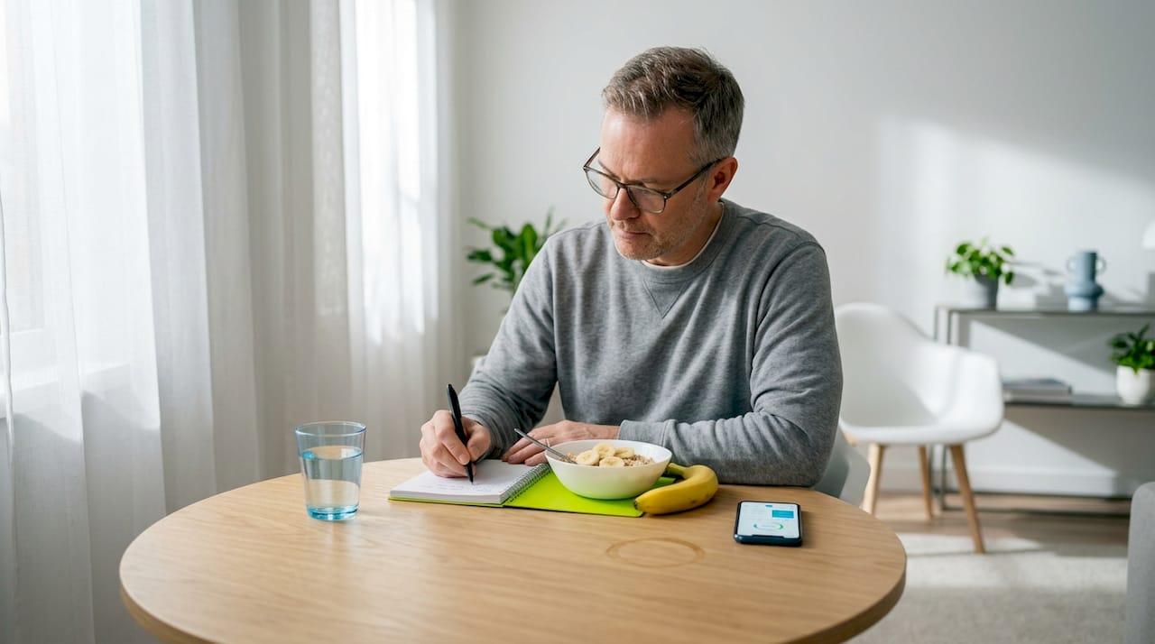 Evidence-based meal plans for sustainable weight and wellness 1 Man records meal details at breakfast table
