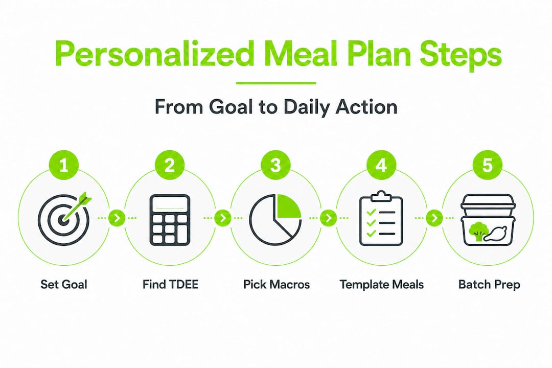 Personalize your diet for real, goal-driven results 1 Infographic showing five key steps in personalized meal planning
