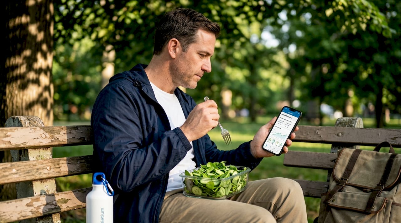 Digital meal plans: Smarter nutrition for lasting results 2 Man checks meal plan app while eating salad
