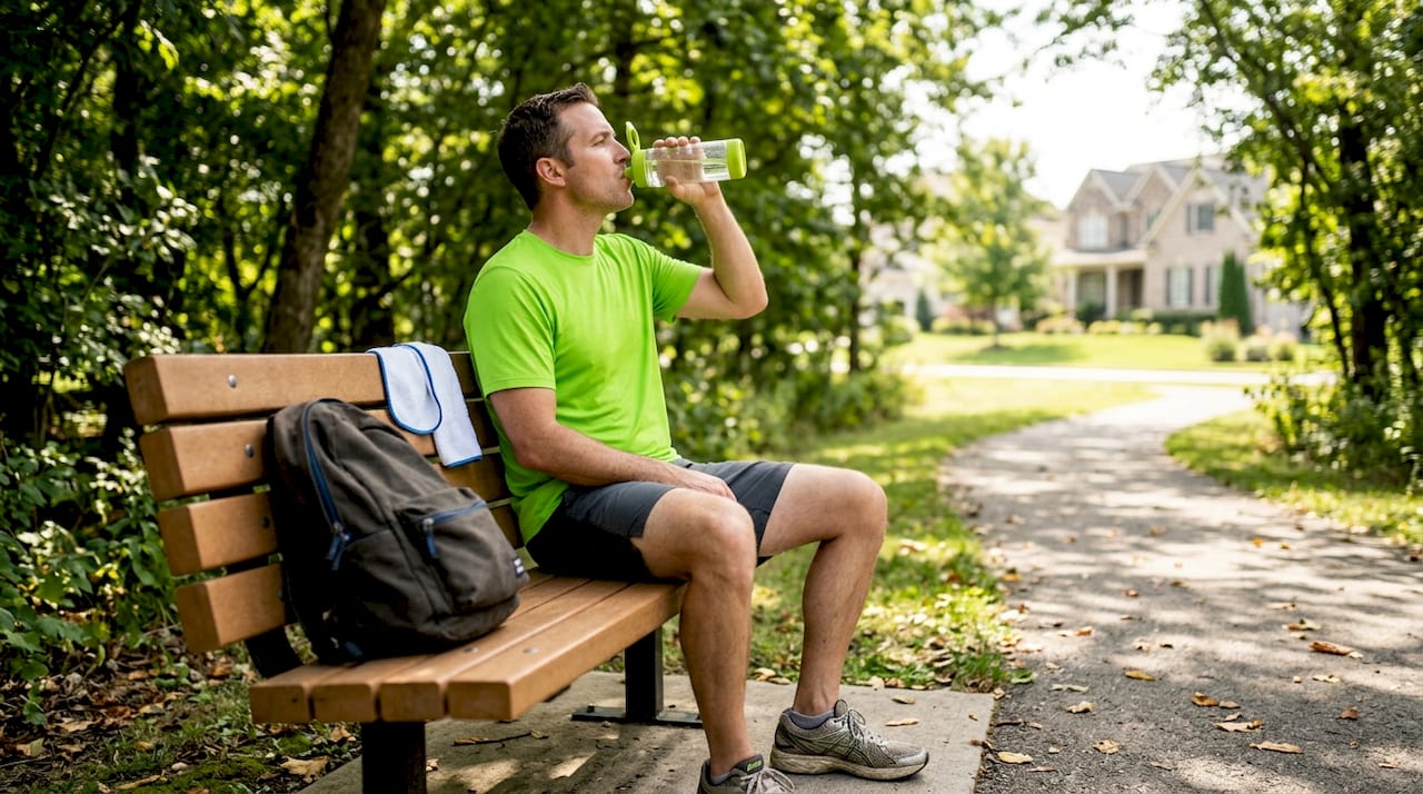 Hydration strategies for wellness and peak performance 1 Man hydrating during outdoor jog in park