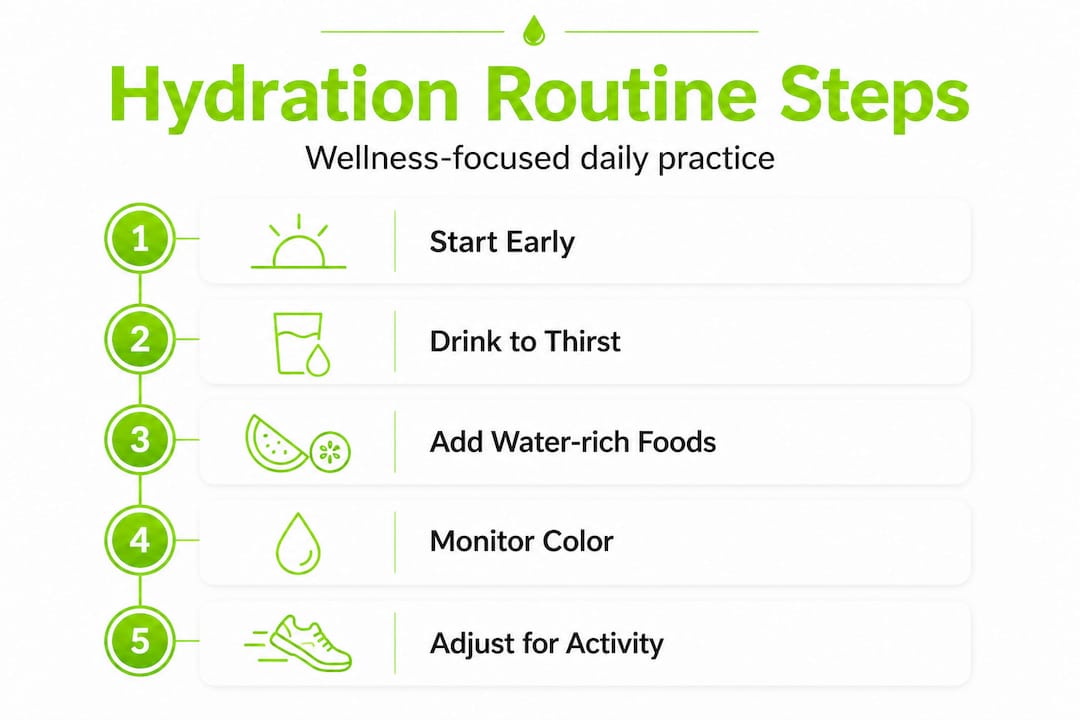 Hydration strategies for wellness and peak performance 2 Infographic showing daily hydration steps