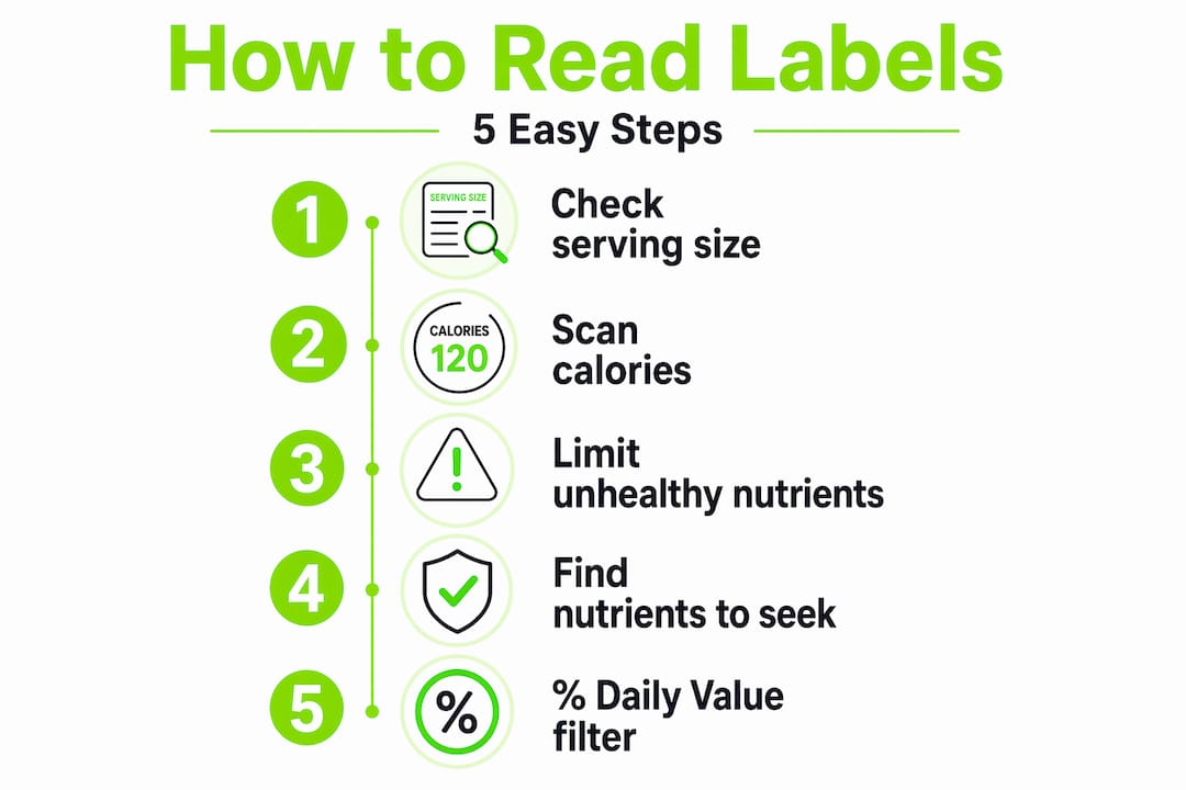 How to read nutrition labels for healthier food choices 1 Infographic shows step-by-step nutrition label reading