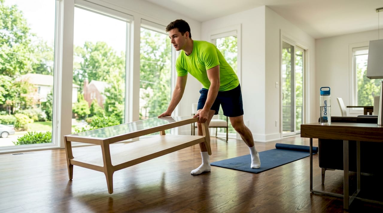 Indoor workout routines: your guide to effective home fitness 2 Man clearing living room for workout routine