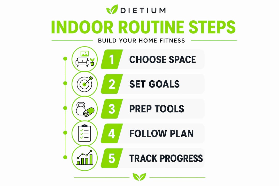 Indoor workout routines: your guide to effective home fitness 1 Infographic displays steps for indoor workout routines